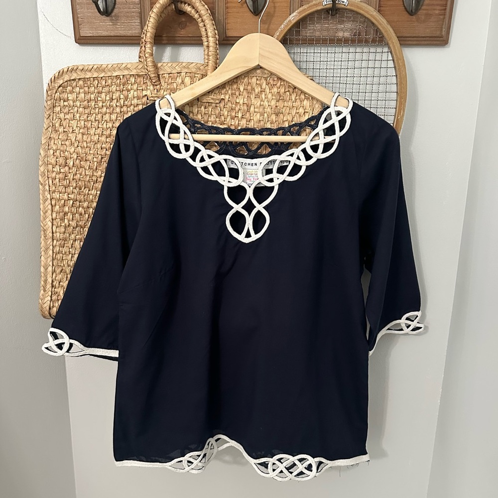Gretchen Scott Embroidered Cut Out top in the Infinity style- Navy cotton top